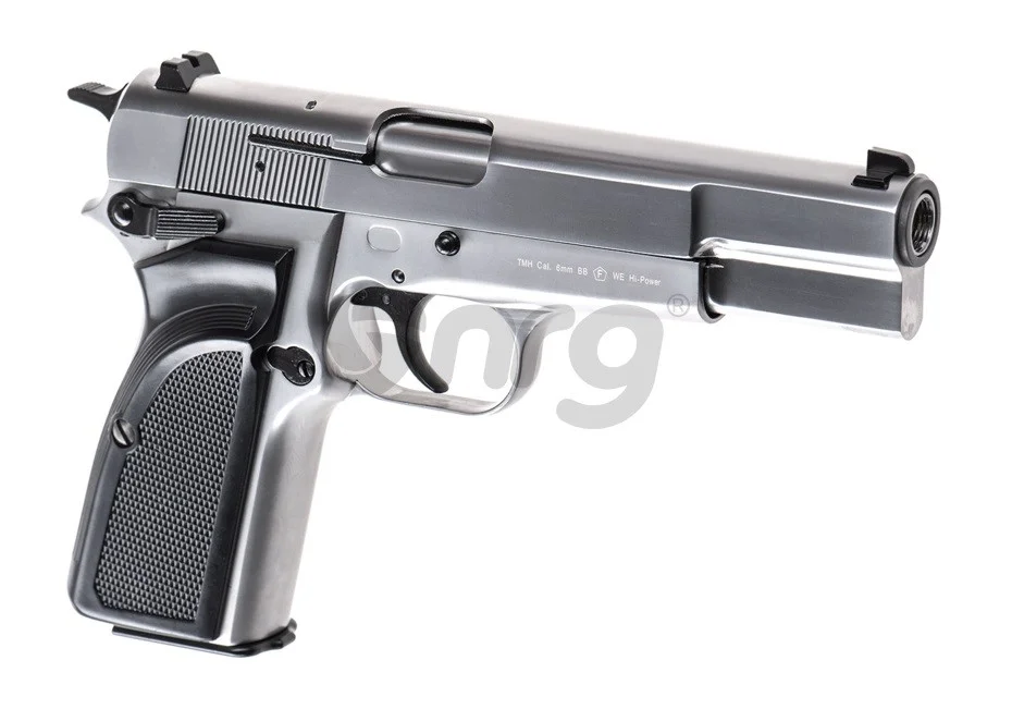 The text "WE Hi-Power Mk3 GBB Silver" is already in English. It refers to a specific model of a gas blowback (GBB) airsoft gun made by the WE company. The "Hi-Power Mk3" is the model name and "Silver" refers to its color. 4