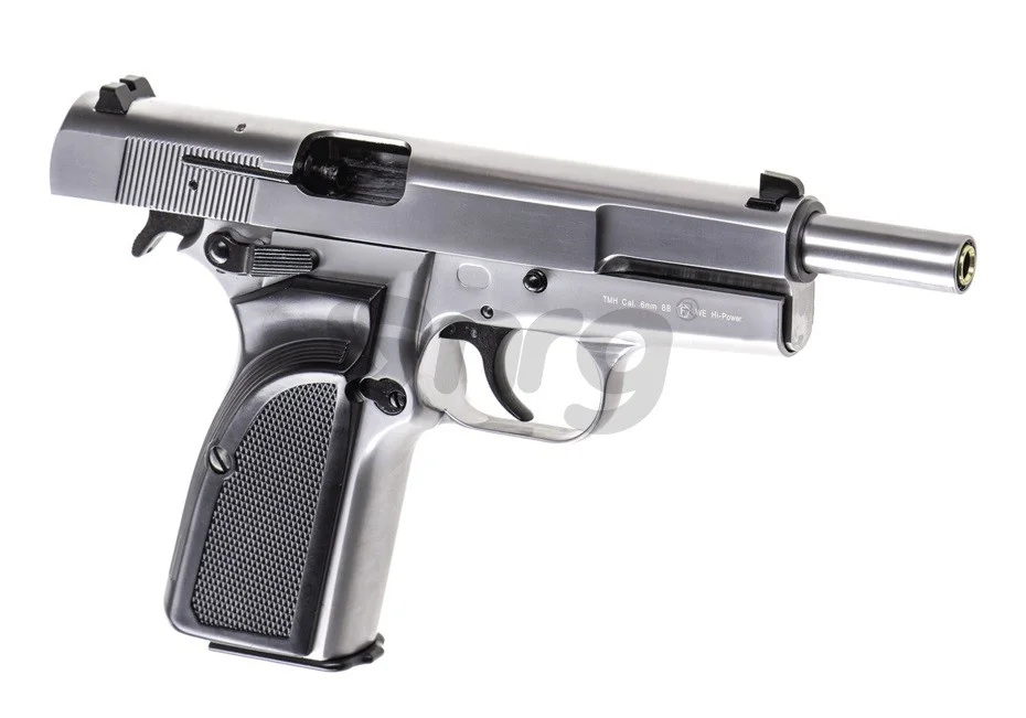 The text "WE Hi-Power Mk3 GBB Silver" is already in English. It refers to a specific model of a gas blowback (GBB) airsoft gun made by the WE company. The "Hi-Power Mk3" is the model name and "Silver" refers to its color. 3