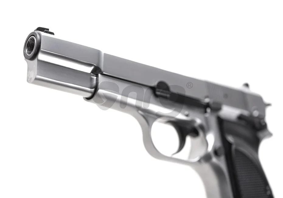 The text "WE Hi-Power Mk3 GBB Silver" is already in English. It refers to a specific model of a gas blowback (GBB) airsoft gun made by the WE company. The "Hi-Power Mk3" is the model name and "Silver" refers to its color. 2